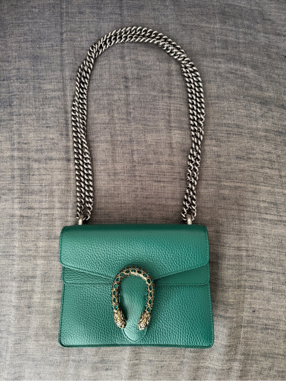 Gucci Dionysus Super Mini Emerald Green Pebbled Leather Chain Crossbody Bag